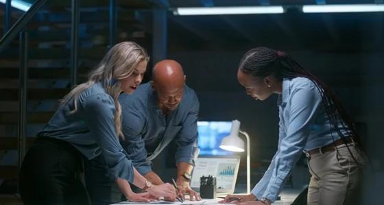 Three people working on a project