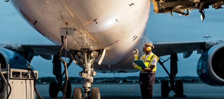 Airport ground crew worker checking airplane on tarmac