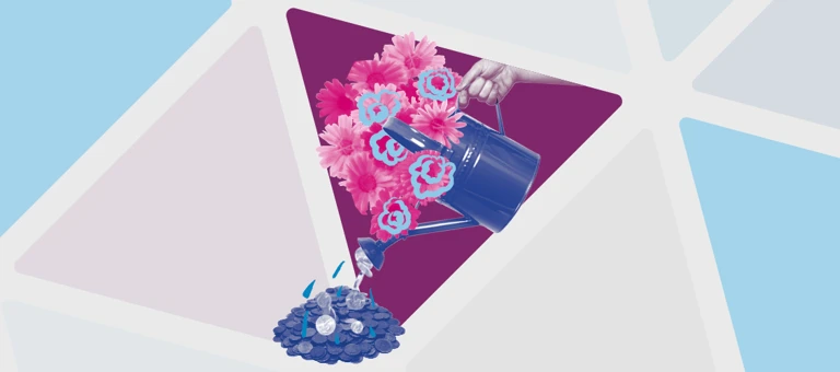 Artwork showing a hand holding a watering can and a pile of coins