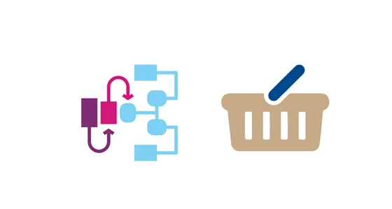 Four large symbols of a lightbulb, a flow diagram, a shopping basket and a magnifying glass