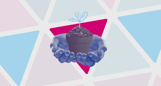 Cupped hands holding a plat pot with seedling in pile of coins