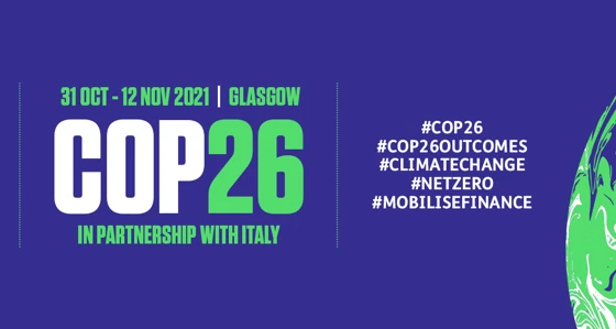 Cop Twenty-Six banner with dates, social media hashtags and outcome hashtag one slogan