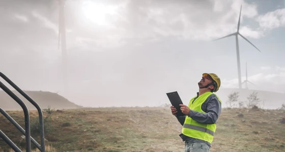 A man with a clipboard looking upwards at a wind turbine