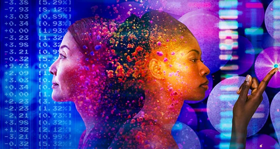 Two women looking at numbers and chemical elements
