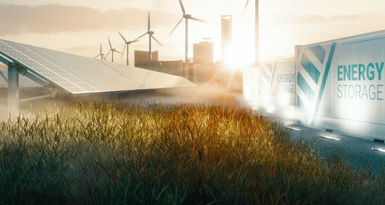 Wind turbines, solar panels and energy storage units in the countryside