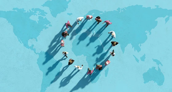Digital generated image of multi racial group of people forming circle on world map